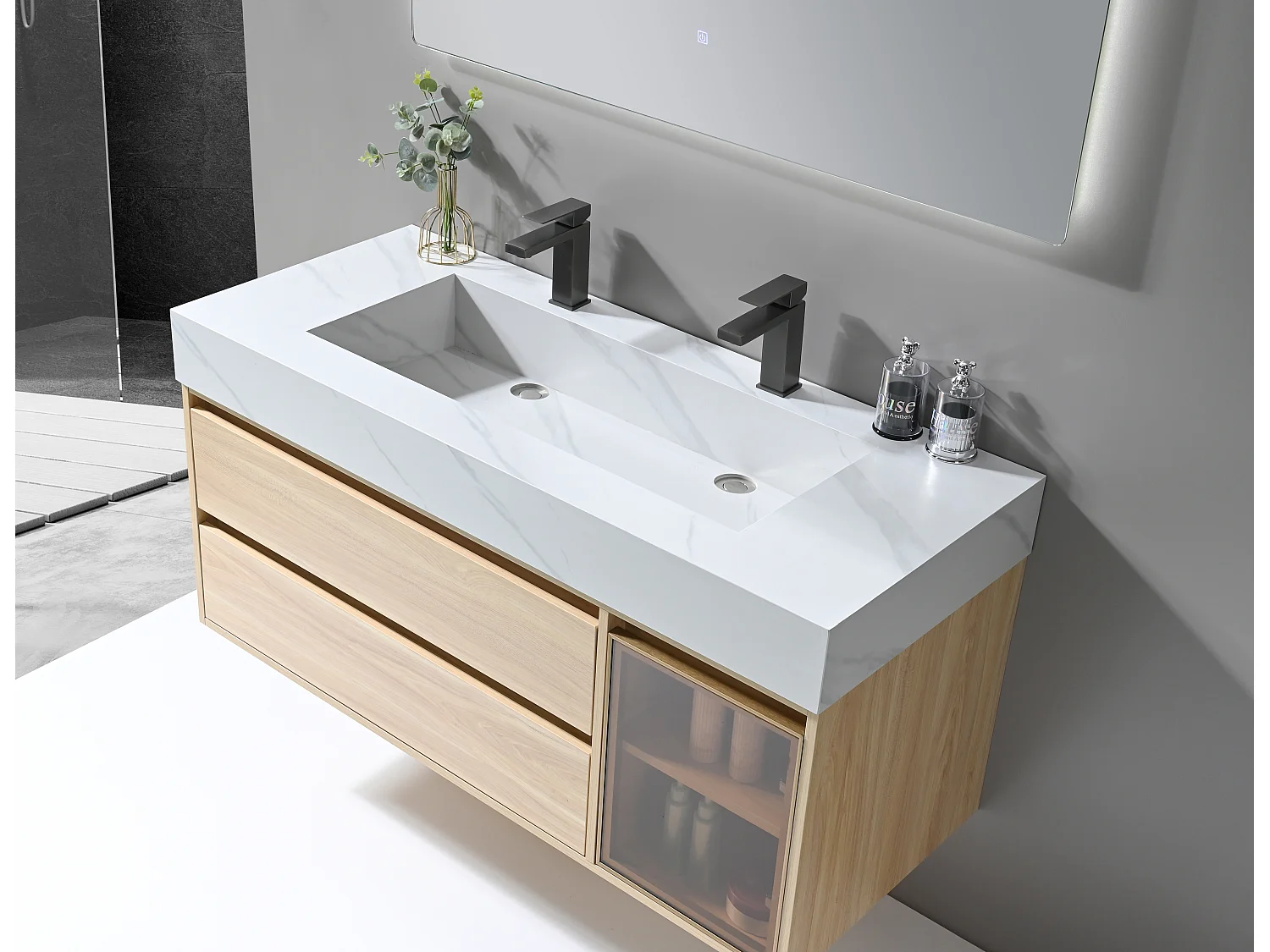 LuxuryBain- Meuble de salle de bain double vasque 120cm bois et blanc effet marbre avec miroir LED LB-8512