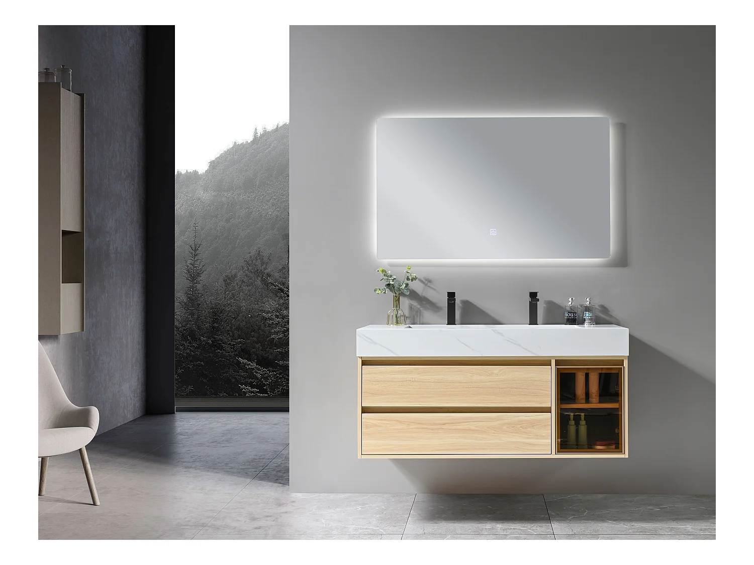 LuxuryBain- Meuble de salle de bain double vasque 120cm bois et blanc effet marbre avec miroir LED LB-8512