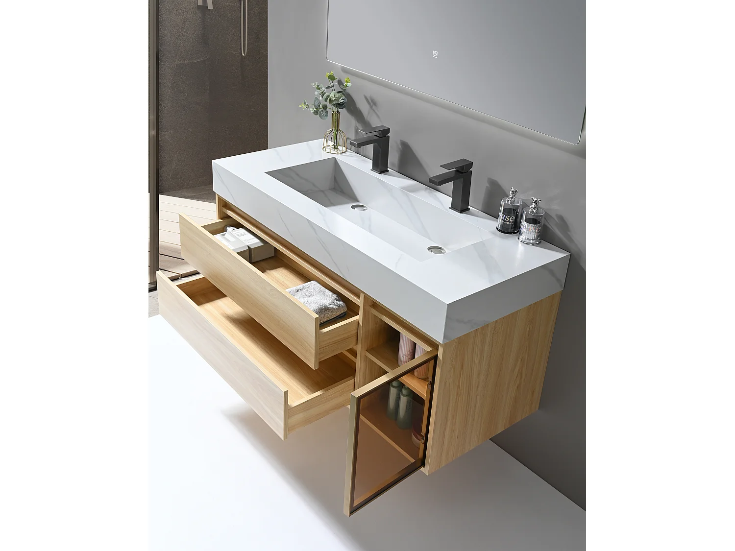 LuxuryBain- Meuble de salle de bain double vasque 120cm bois et blanc effet marbre avec miroir LED LB-8512
