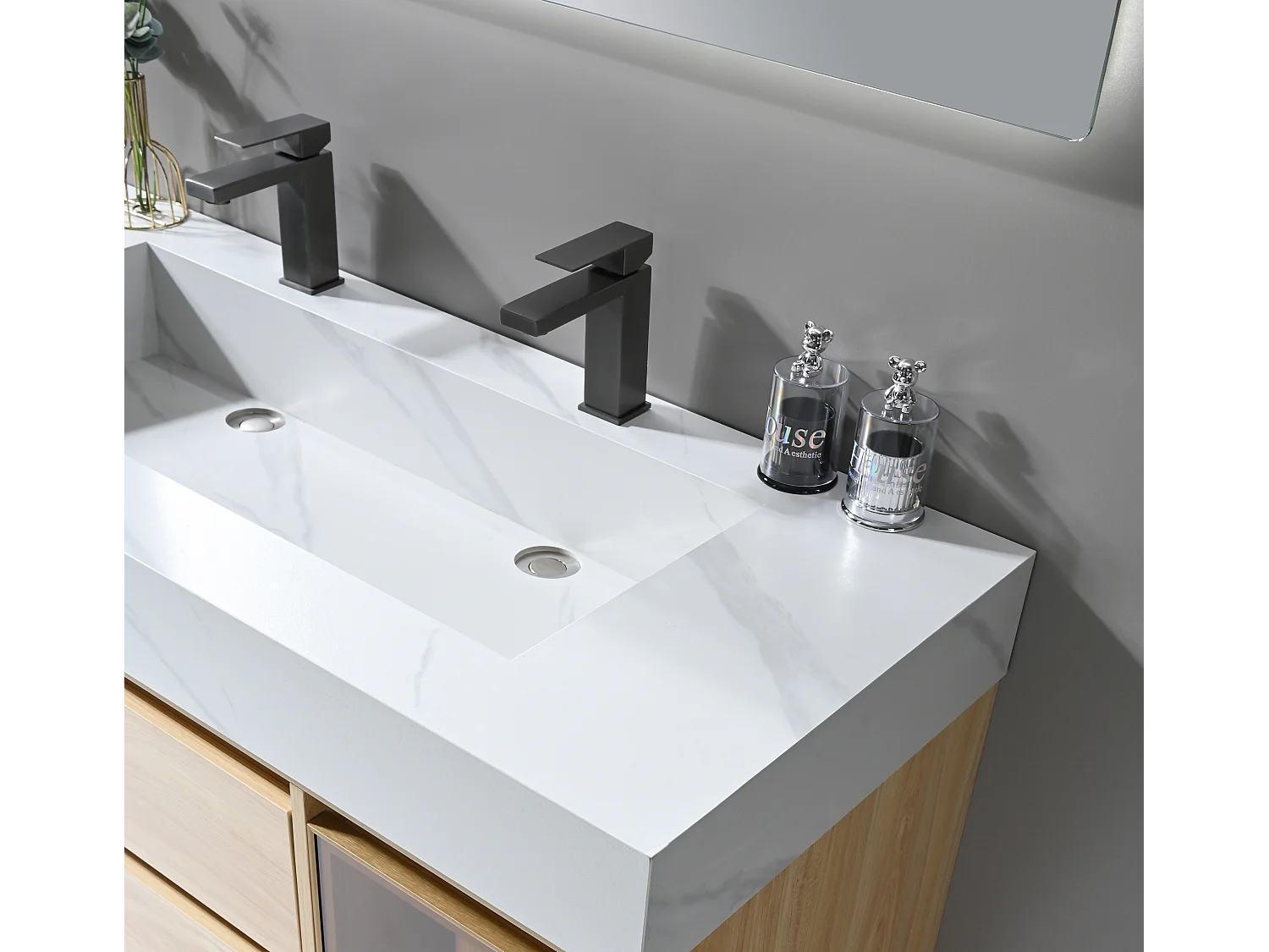 LuxuryBain- Meuble de salle de bain double vasque 120cm bois et blanc effet marbre avec miroir LED LB-8512