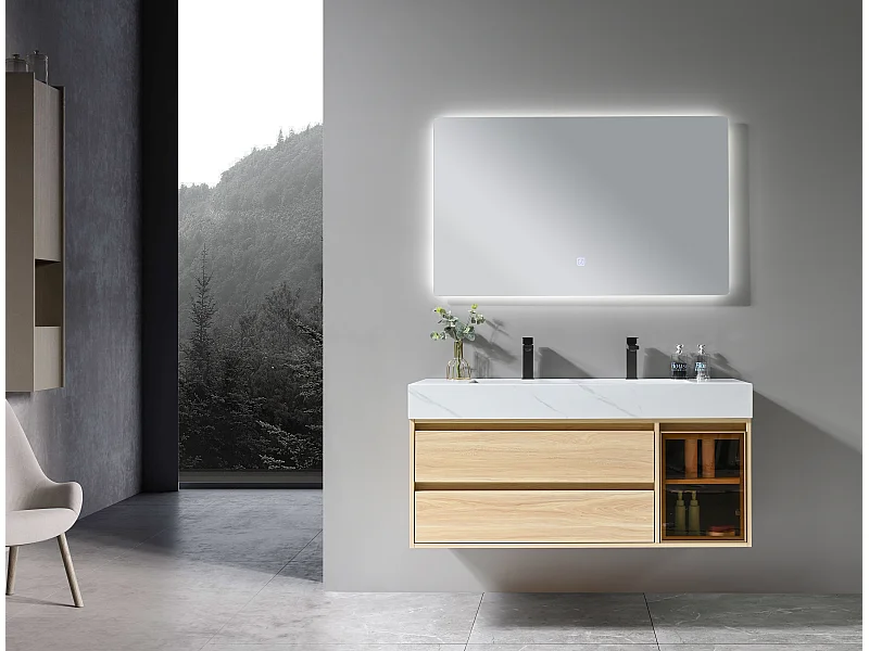 LuxuryBain- Meuble de salle de bain double vasque 120cm bois et blanc effet marbre avec miroir LED LB-8512