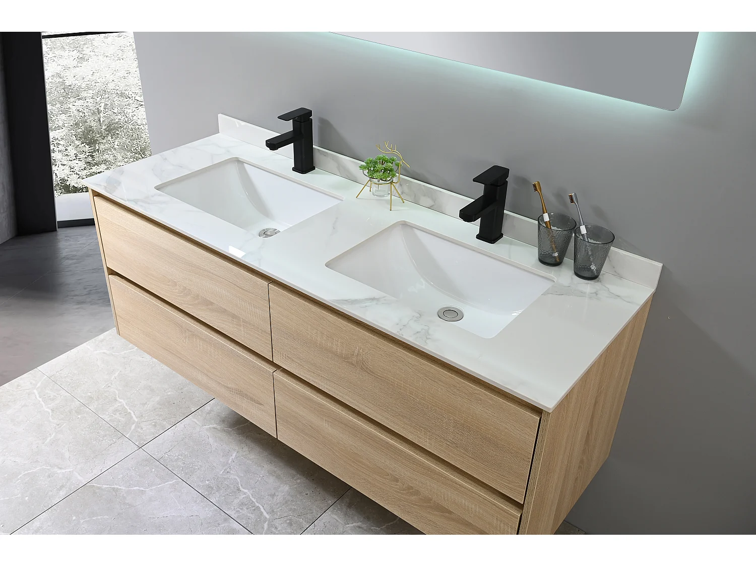 LuxuryBain- Meuble de salle de bain double vasque 140cm bois et blanc effet marbre avec miroir LED LB-8475