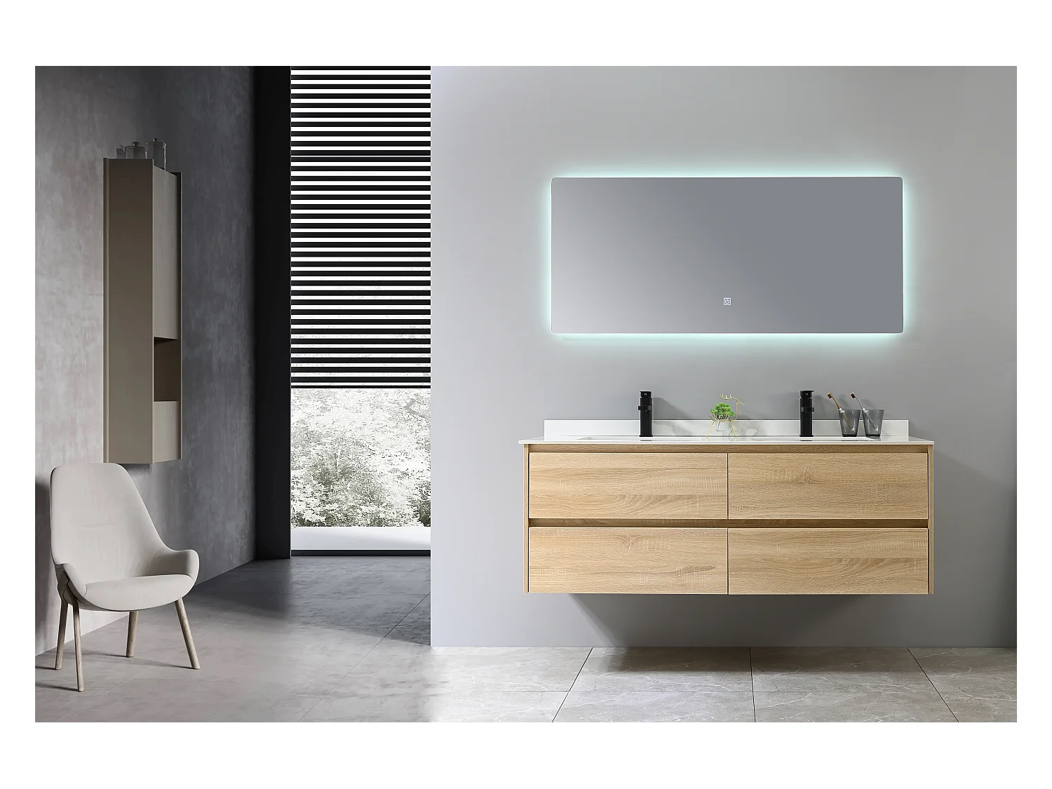 LuxuryBain- Meuble de salle de bain double vasque 140cm bois et blanc effet marbre avec miroir LED LB-8475