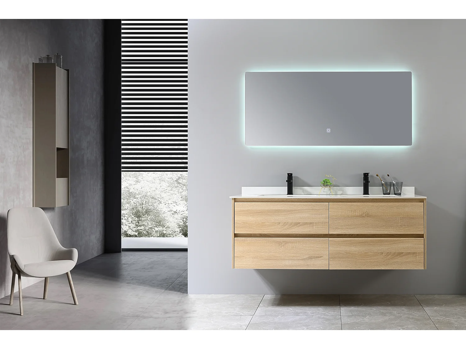 LuxuryBain- Meuble de salle de bain double vasque 140cm bois et blanc effet marbre avec miroir LED LB-8475