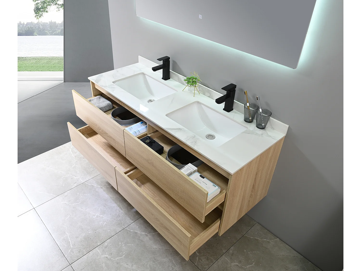LuxuryBain- Meuble de salle de bain double vasque 140cm bois et blanc effet marbre avec miroir LED LB-8475