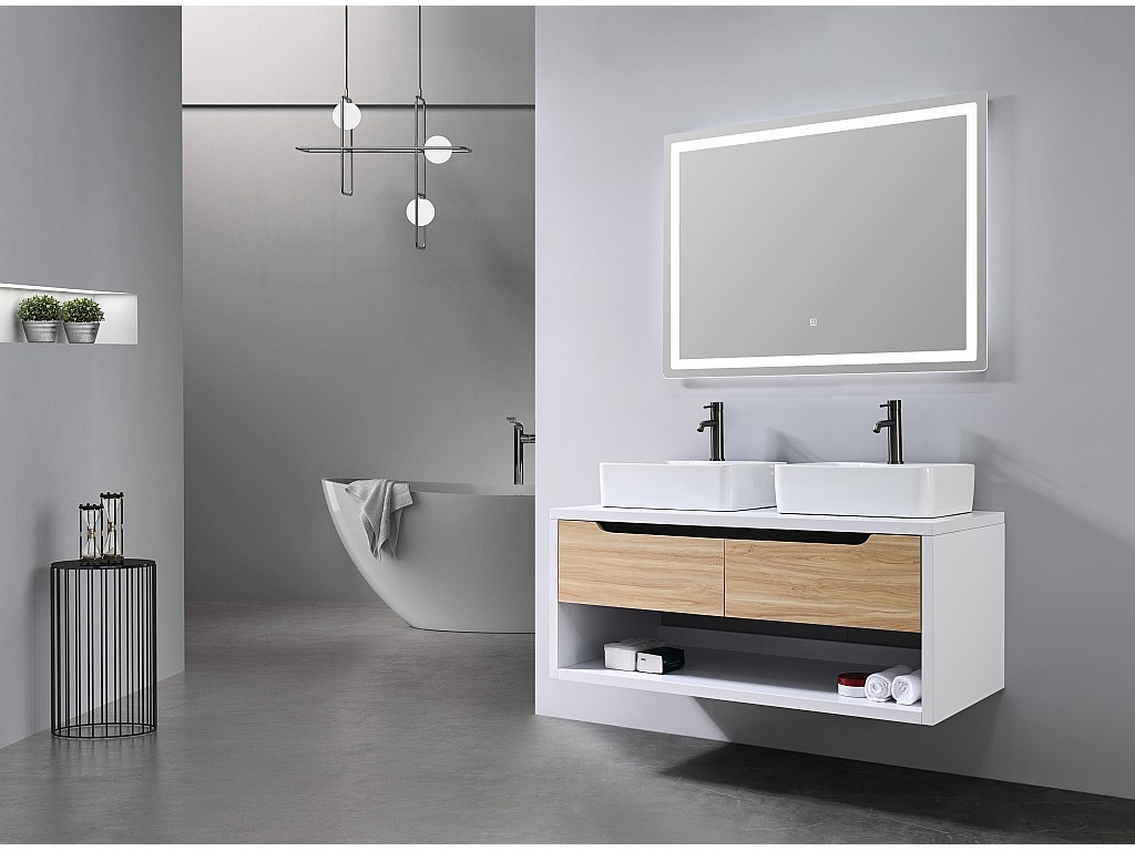 LuxuryBain- Meuble de salle de bain double vasque 120cm bois et blanc