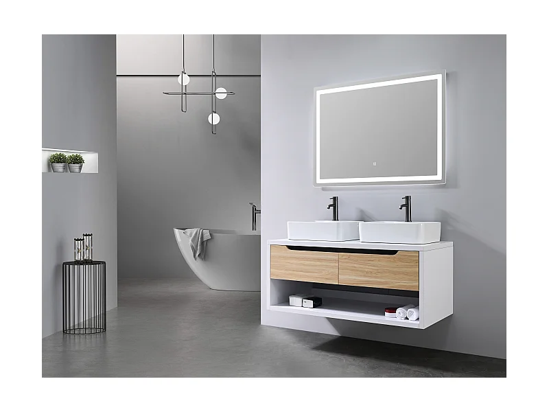 LuxuryBain- Meuble de salle de bain double vasque 120cm bois et blanc avec miroir LED LB-8153-120