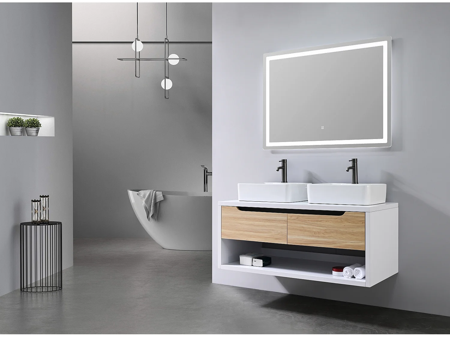 LuxuryBain- Meuble de salle de bain double vasque 120cm bois et blanc avec miroir LED LB-8153-120
