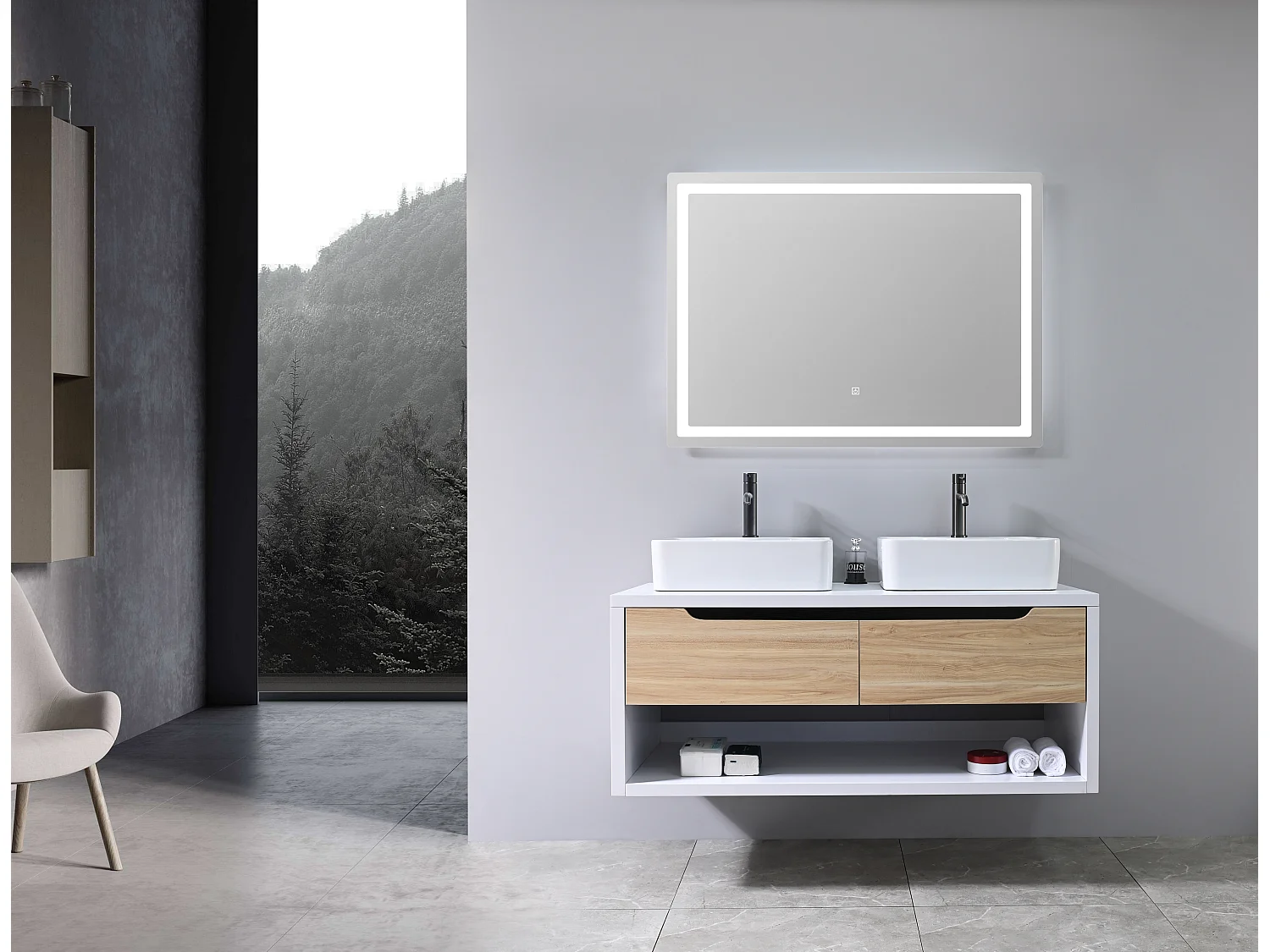 LuxuryBain- Meuble de salle de bain double vasque 120cm bois et blanc avec miroir LED LB-8153-120