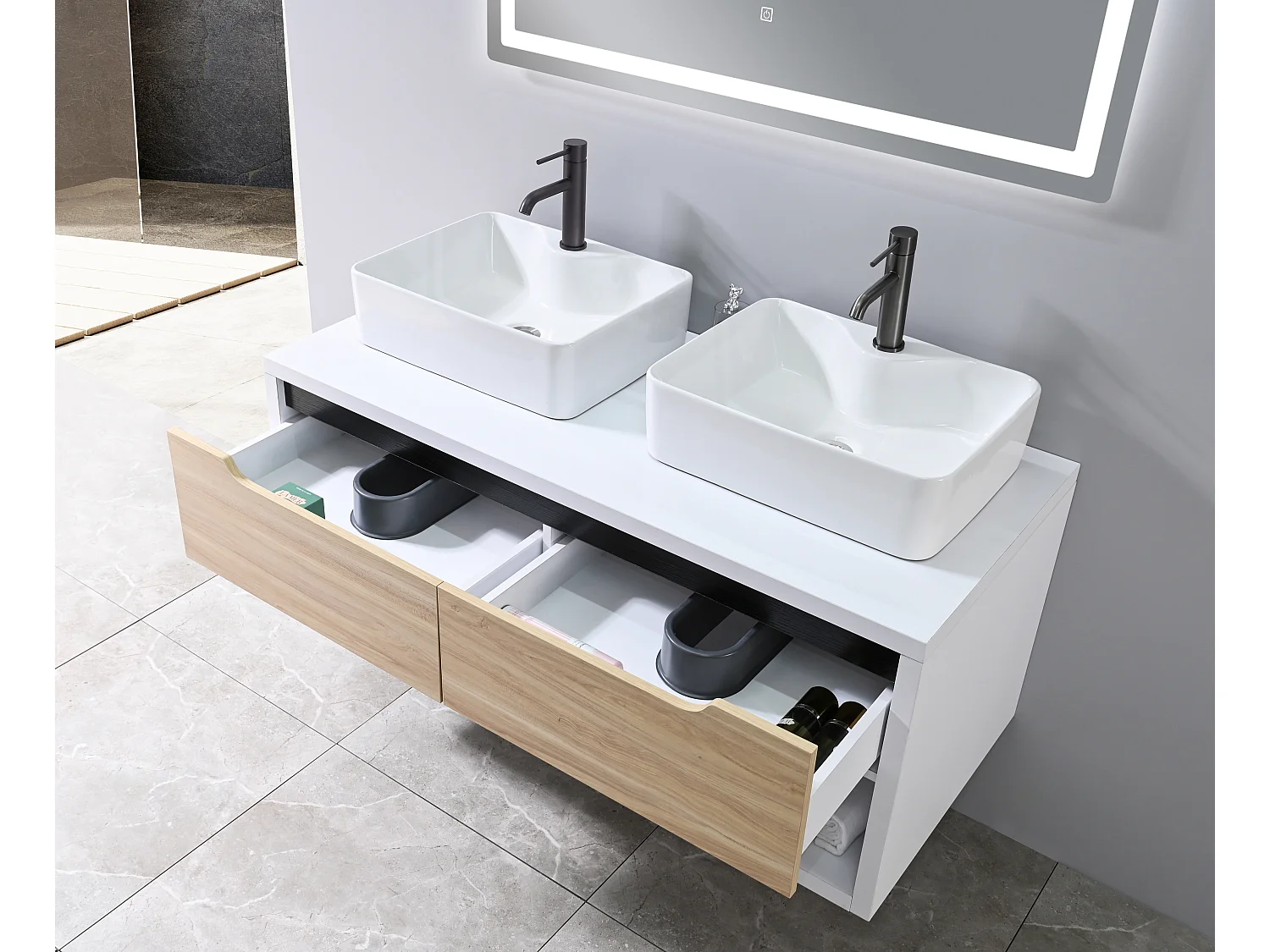 LuxuryBain- Meuble de salle de bain double vasque 120cm bois et blanc avec miroir LED LB-8153-120