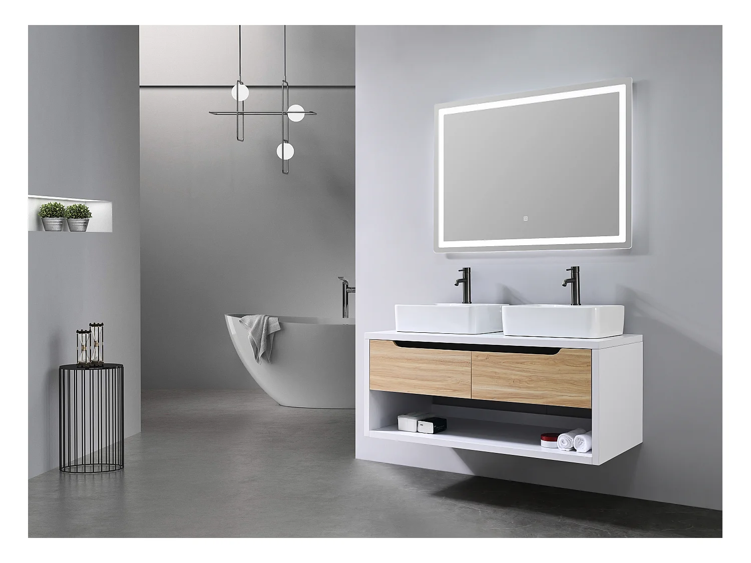 LuxuryBain- Meuble de salle de bain double vasque 120cm bois et blanc avec miroir LED LB-8153-120