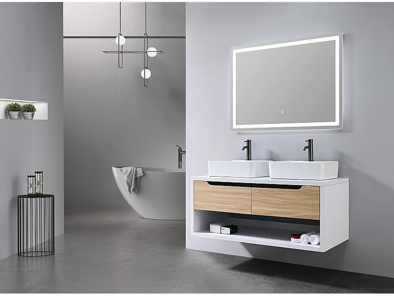 LuxuryBain- Meuble de salle de bain double vasque 120cm bois et blanc avec miroir LED LB-8153-120