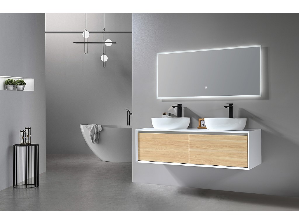 LuxuryBain- Meuble de salle de bain double vasque 140cm blanc et bois