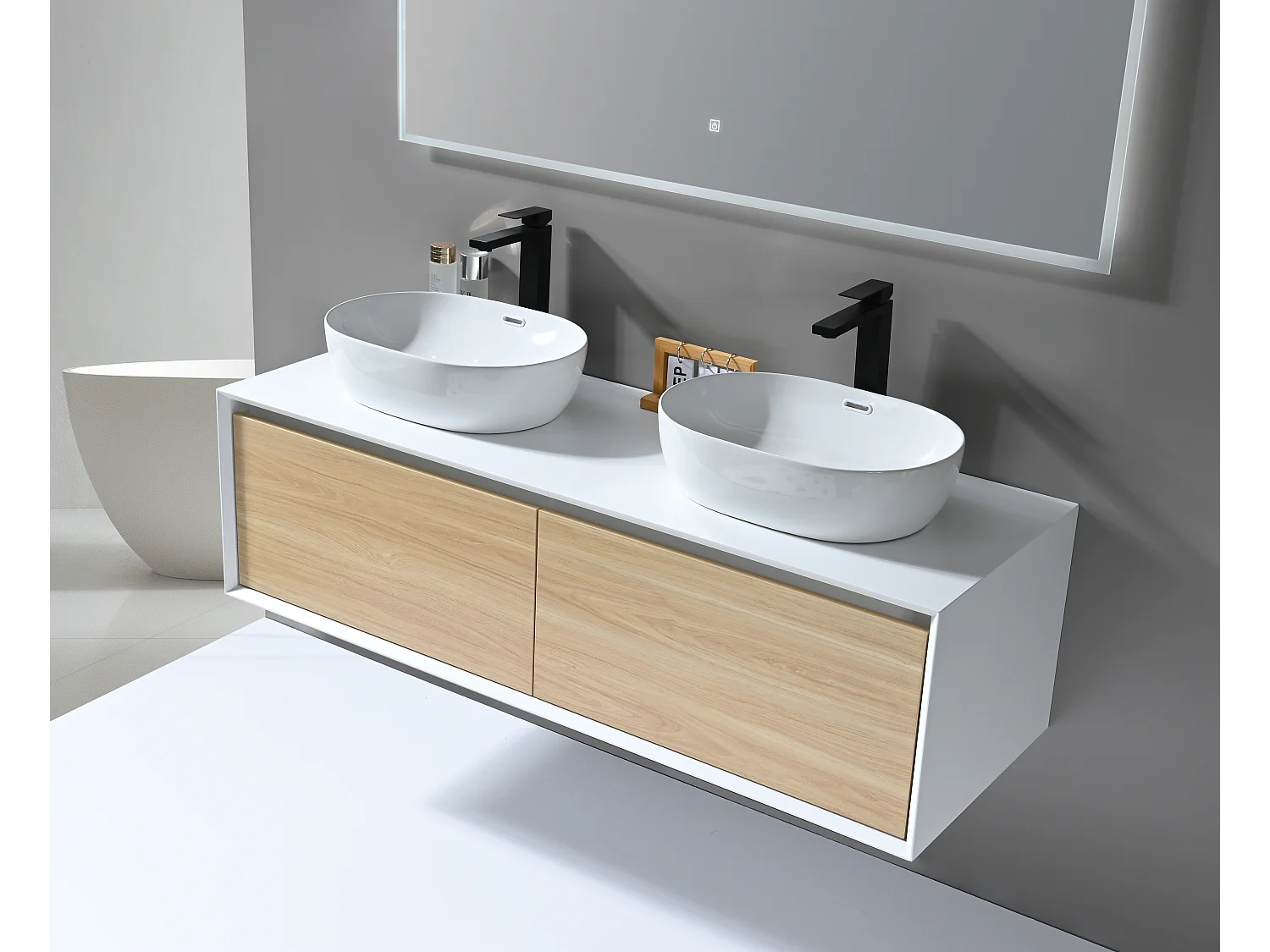 LuxuryBain- Meuble de salle de bain double vasque 140cm blanc et bois avec miroir LED à intensité variable LB-5072