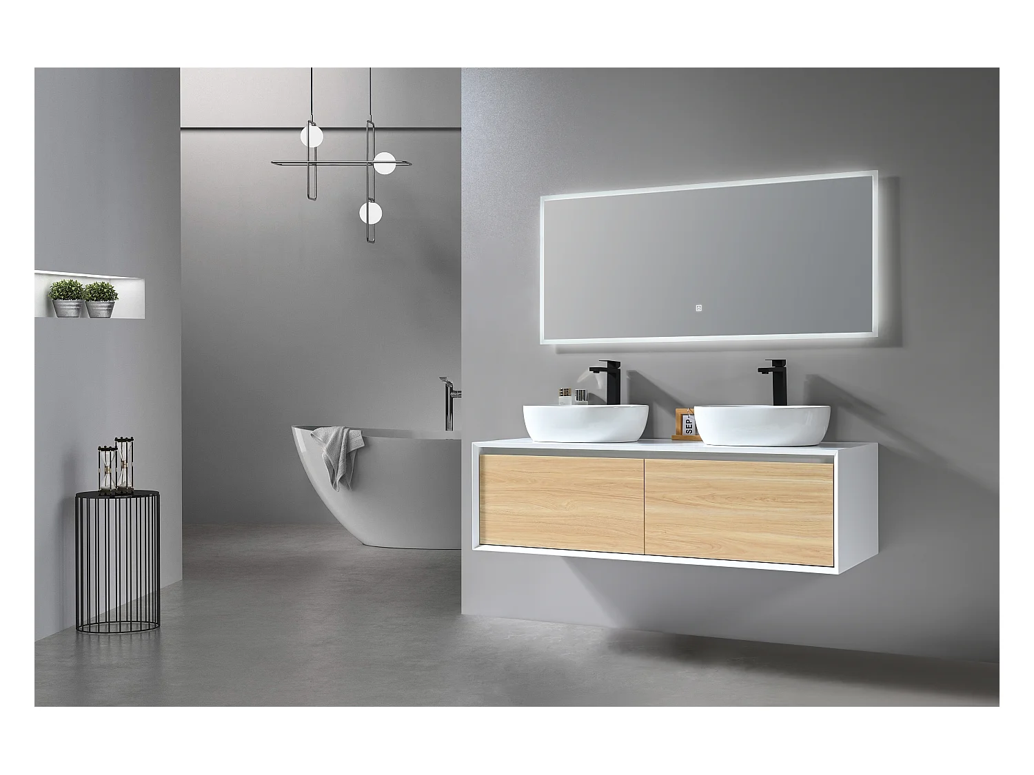 LuxuryBain- Meuble de salle de bain double vasque 140cm blanc et bois avec miroir LED à intensité variable LB-5072