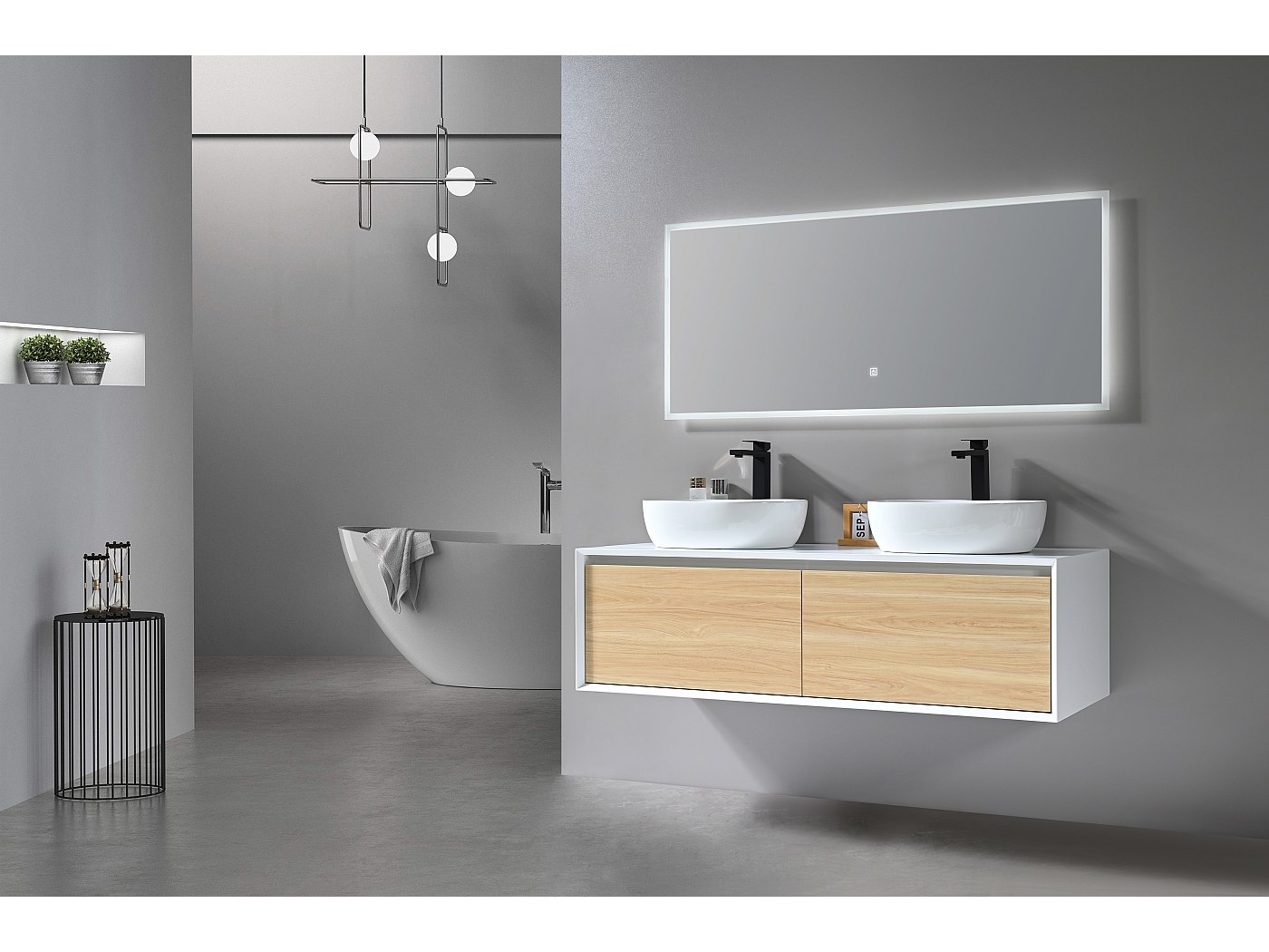 LuxuryBain- Meuble de salle de bain double vasque 140cm blanc et bois