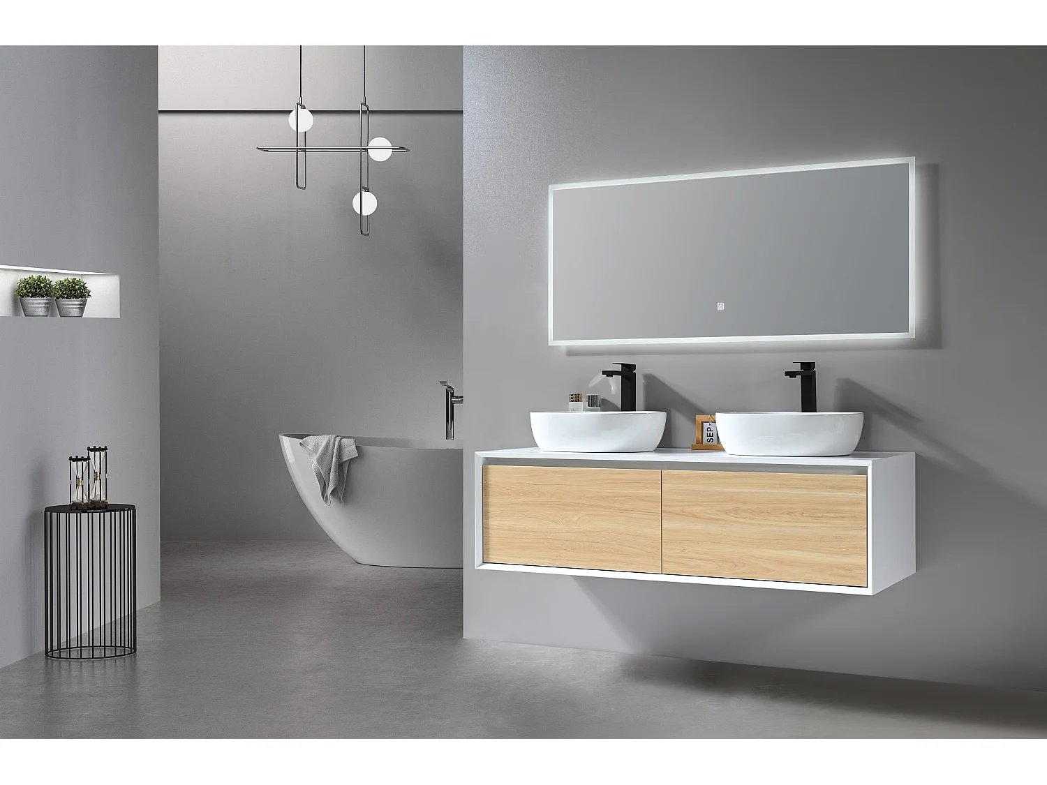 LuxuryBain 140cm Wit en Hout Dubbele Wastafel Badkamerkast met LED-spiegel LB-5072