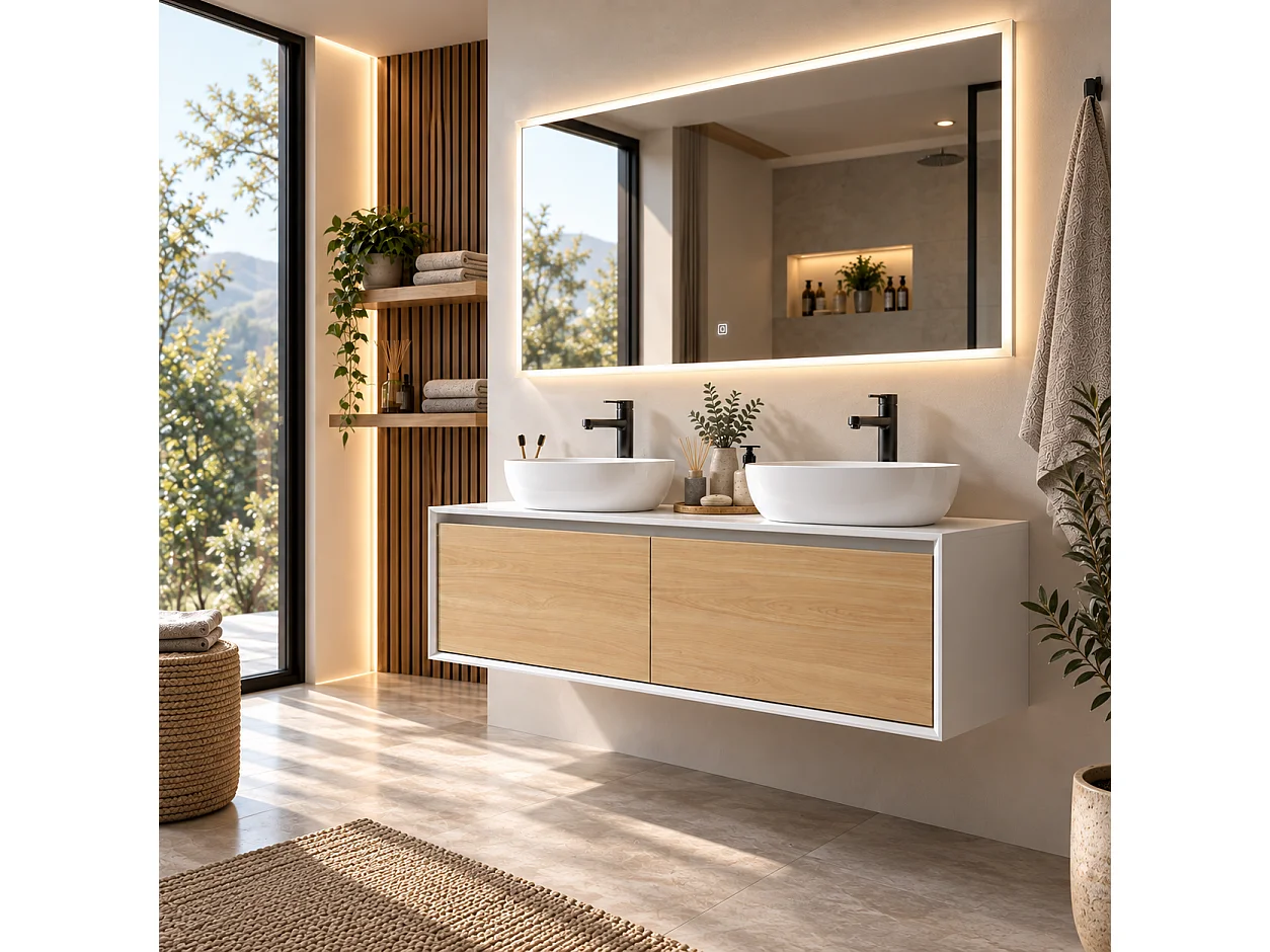 LuxuryBain 140cm Wit en Hout Dubbele Wastafel Badkamerkast met LED-spiegel LB-5072