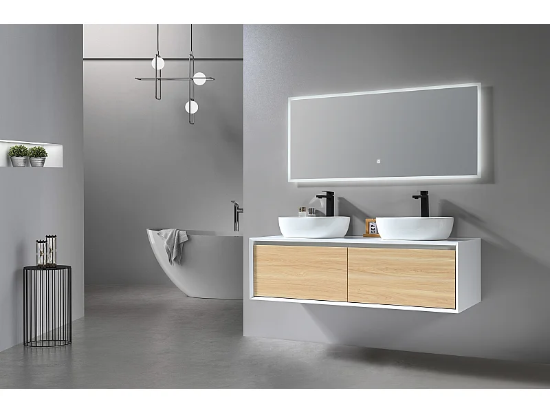 LuxuryBain- Meuble de salle de bain double vasque 140cm blanc et bois avec miroir LED à intensité variable LB-5072