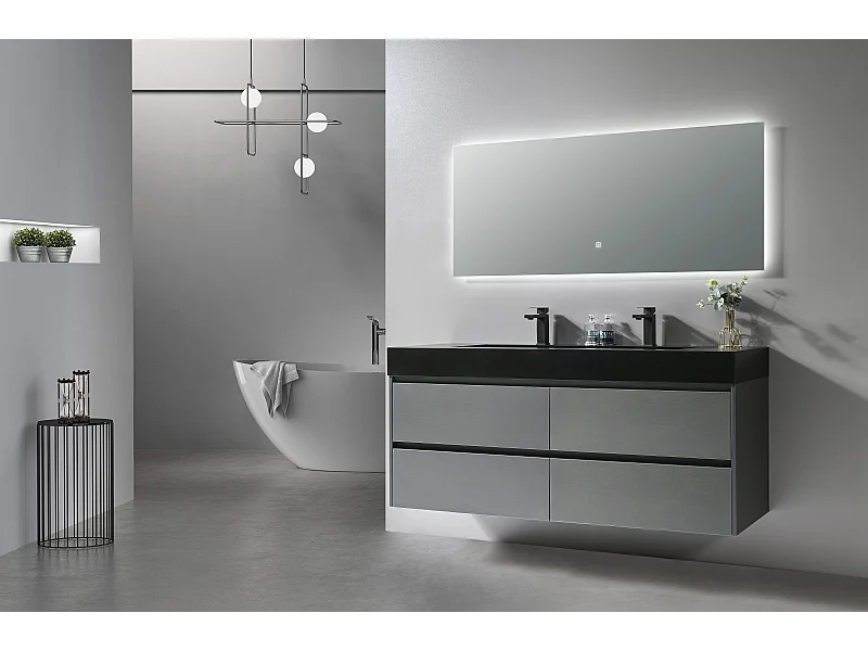 LuxuryBain- Meuble de salle de bain double vasque 140cm gris et noir avec miroir LED LB-8476S