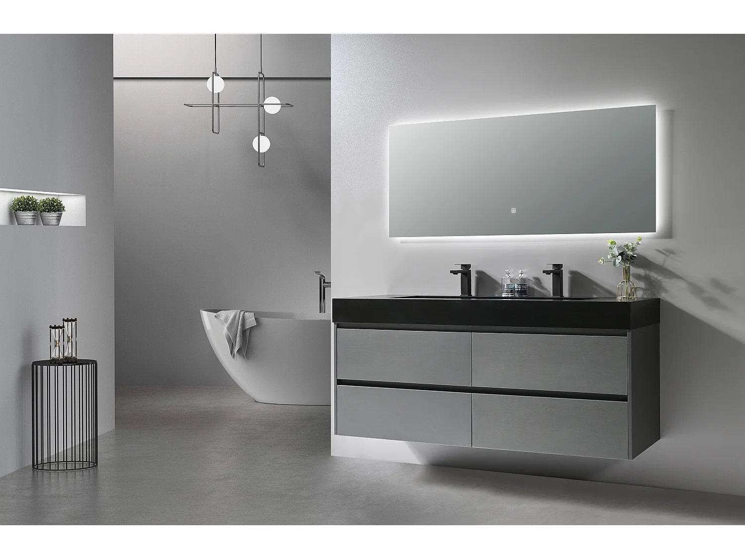 LuxuryBain- Meuble de salle de bain double vasque 140cm gris et noir avec miroir LED LB-8476S
