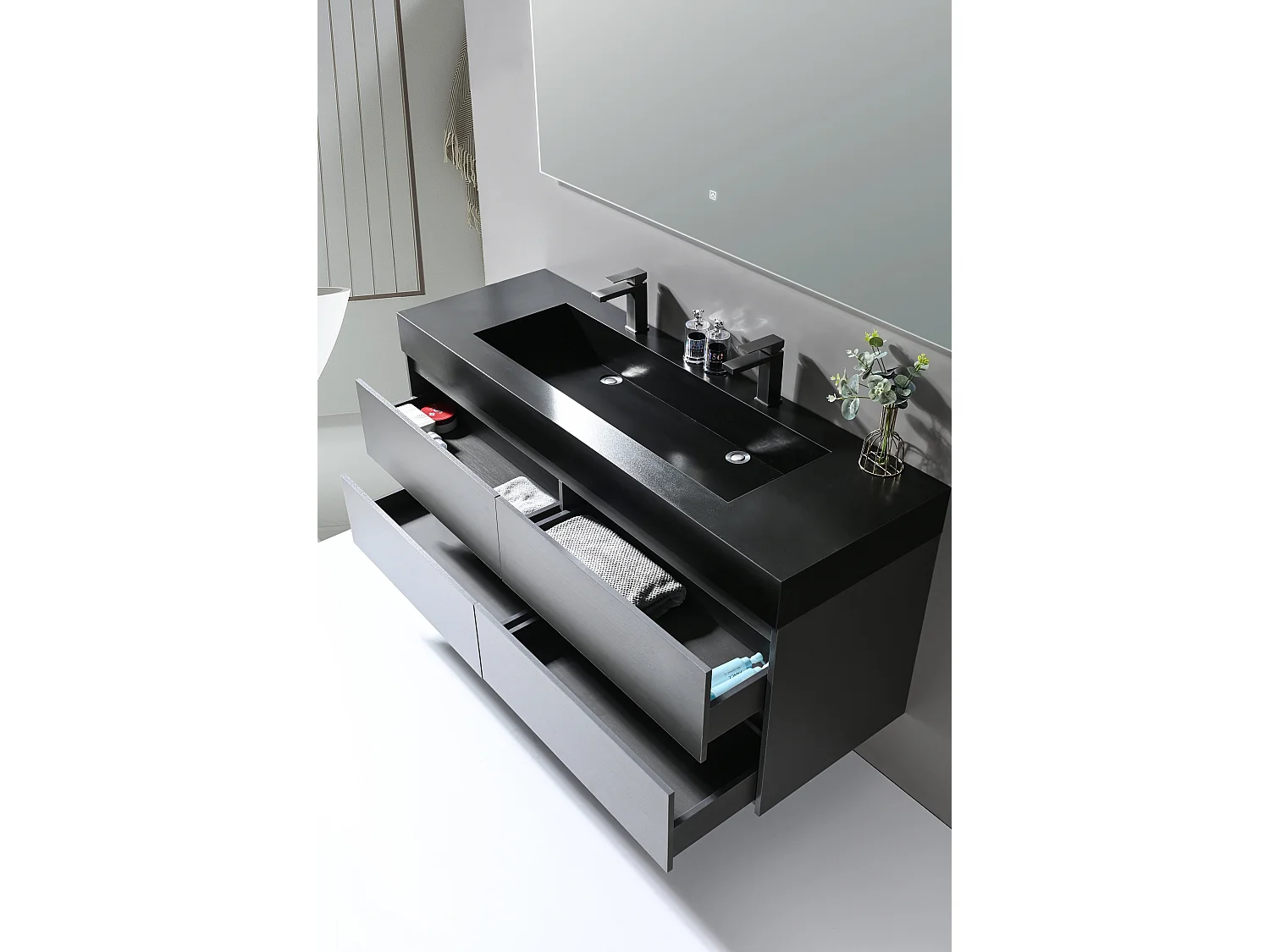 LuxuryBain- Meuble de salle de bain double vasque 140cm gris et noir avec miroir LED LB-8476S