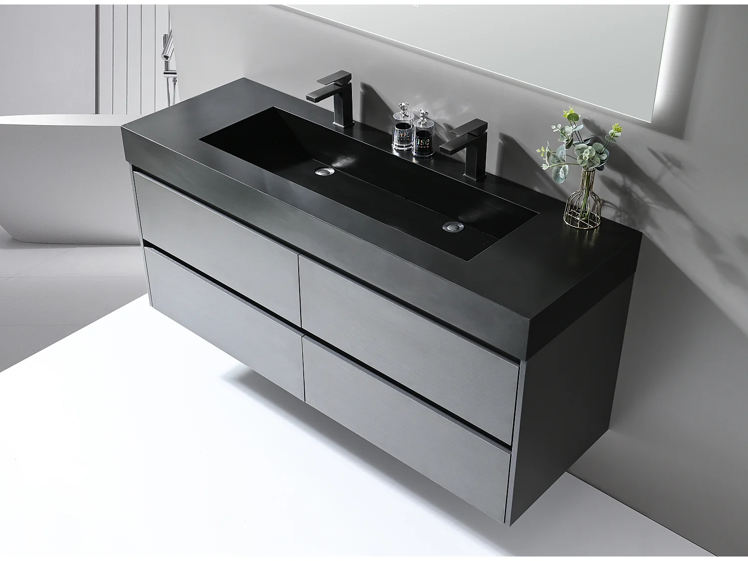 LuxuryBain- Meuble de salle de bain double vasque 140cm gris et noir avec miroir LED LB-8476S