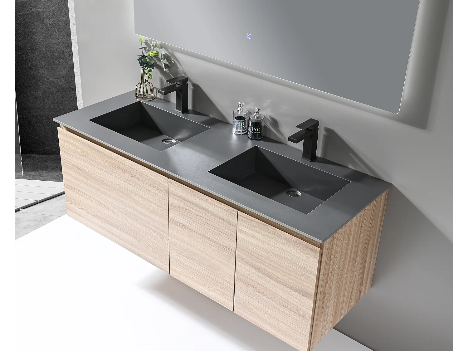 LuxuryBain- Meuble de salle de bain double vasque 140cm bois et gris avec miroir LED LB-8473