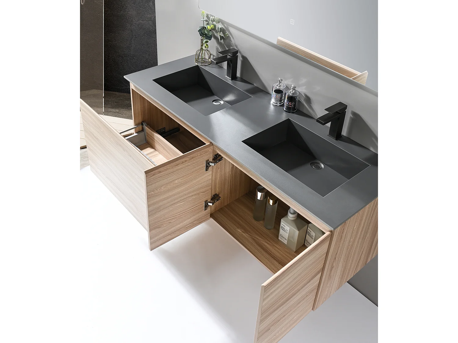 LuxuryBain- Meuble de salle de bain double vasque 140cm bois et gris avec miroir LED LB-8473