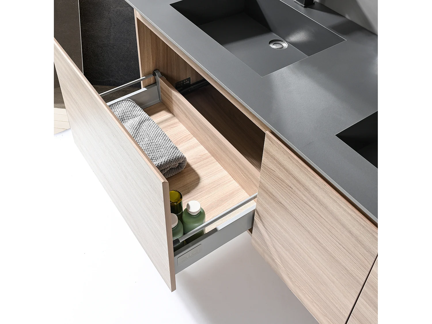 LuxuryBain- Meuble de salle de bain double vasque 140cm bois et gris avec miroir LED LB-8473