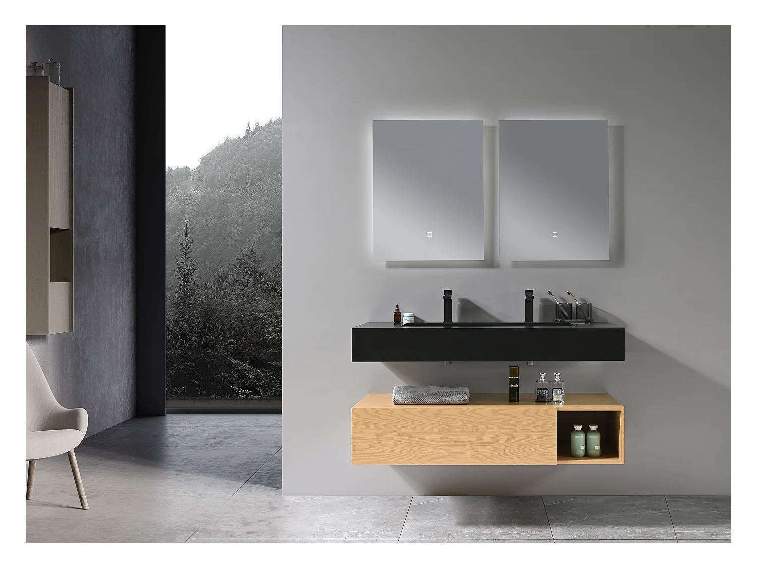 LuxuryBain- Meuble de salle de bain double vasque 120cm bois et noir avec miroir LED à luminosité variable LB-8470-120