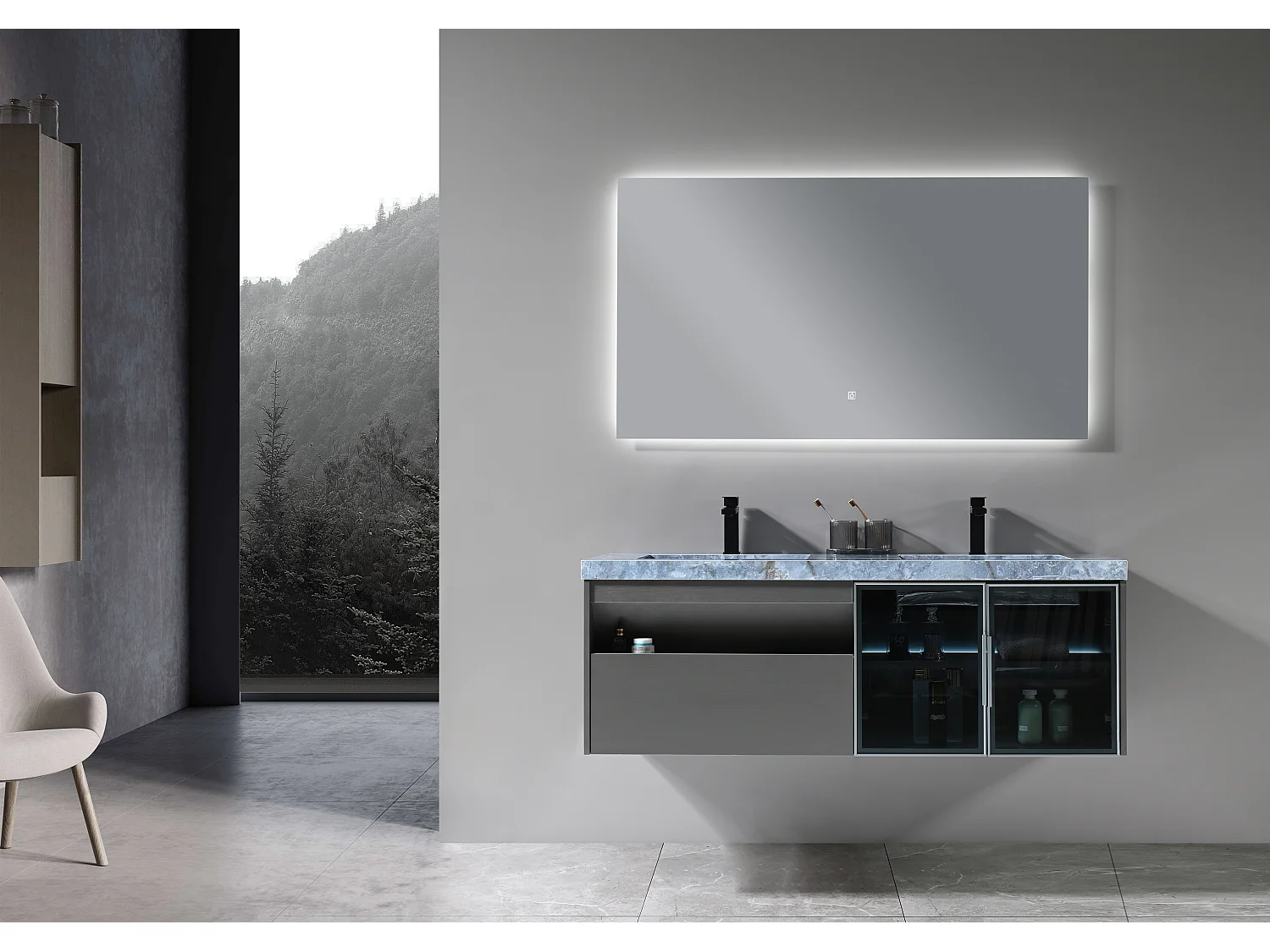 LuxuryBain- Meuble de salle de bain double vasque 140cm gris et effet marbre bleu avec miroir LED LB-8509