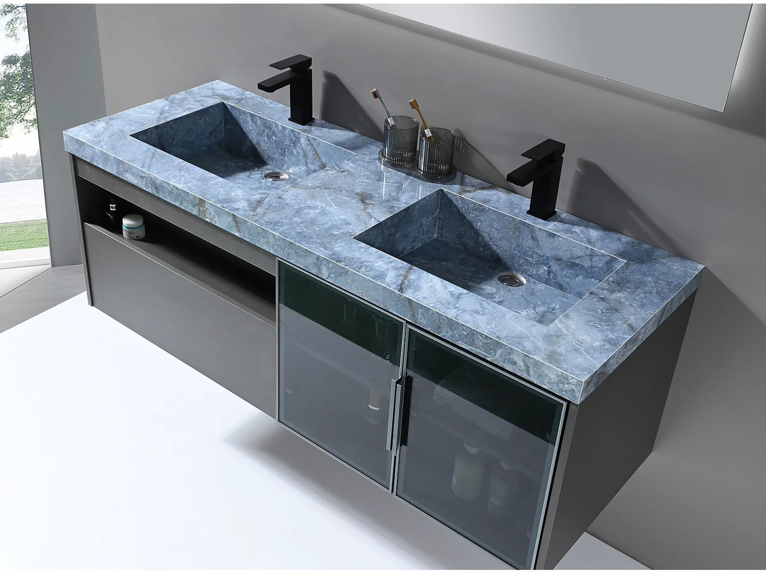 LuxuryBain- Meuble de salle de bain double vasque 140cm gris et effet marbre bleu avec miroir LED LB-8509