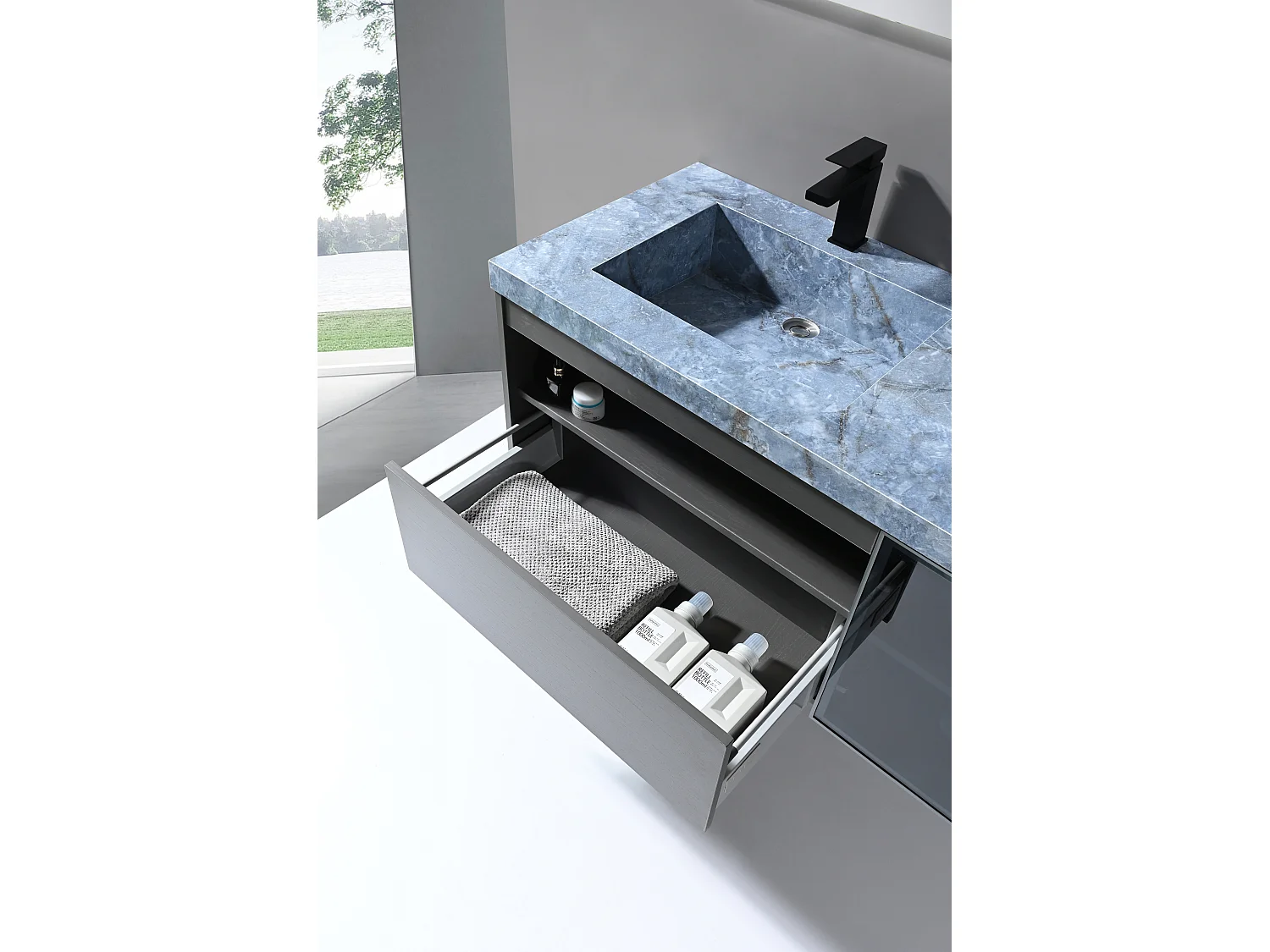 LuxuryBain- Meuble de salle de bain double vasque 140cm gris et effet marbre bleu avec miroir LED LB-8509