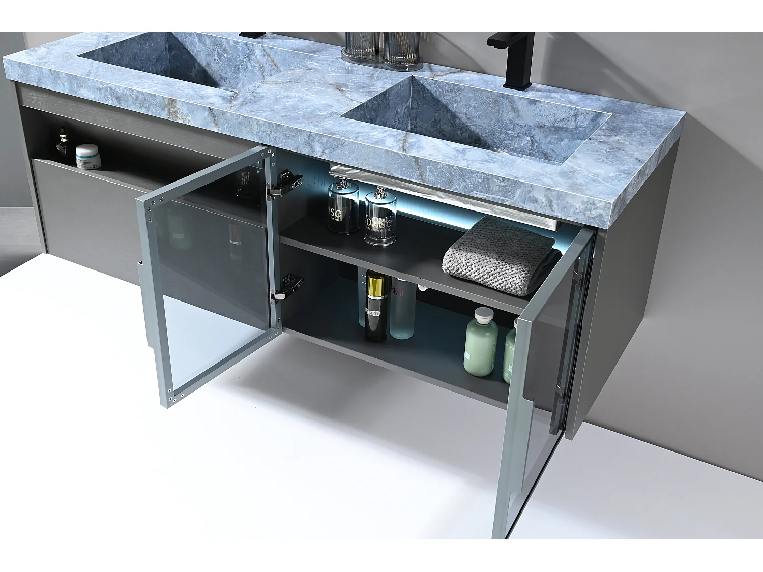 LuxuryBain- Meuble de salle de bain double vasque 140cm gris et effet marbre bleu avec miroir LED LB-8509