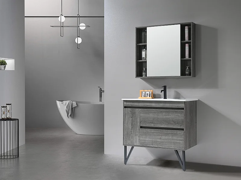 LuxuryBain- Meuble de salle de bain simple vasque 90cm gris et miroir avec colonne de rangement LB-8400
