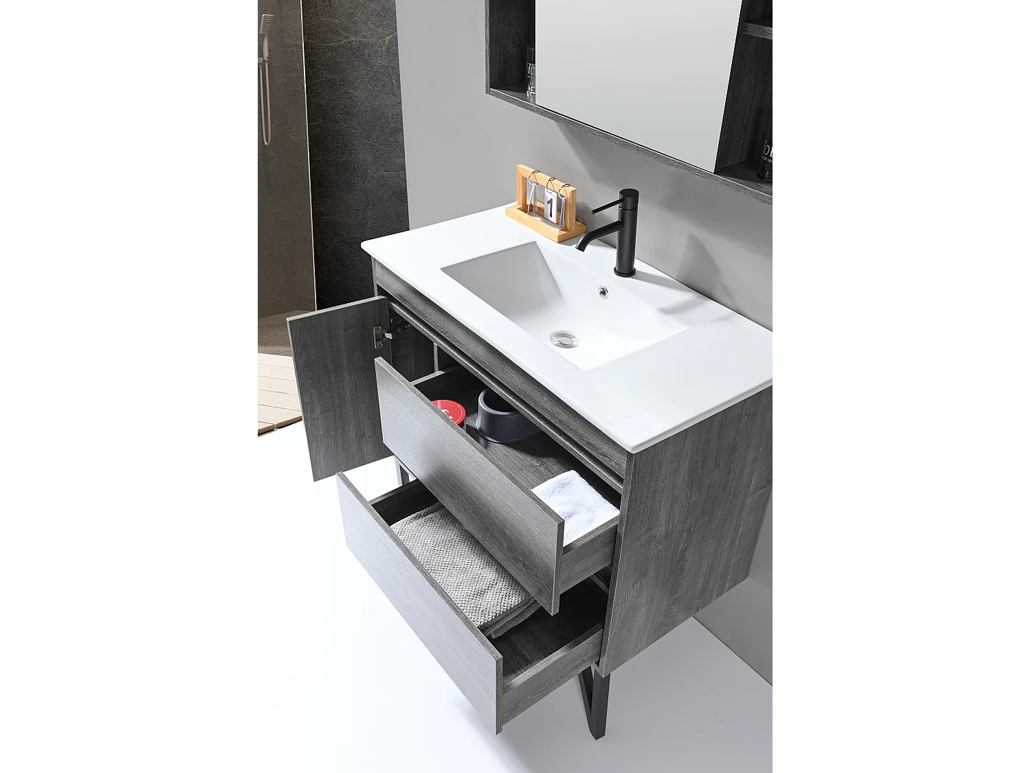 LuxuryBain- Meuble de salle de bain simple vasque 90cm gris et miroir avec colonne de rangement LB-8400