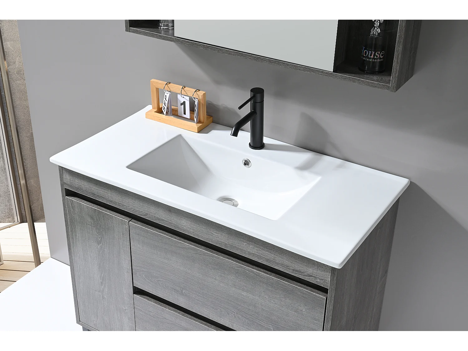 LuxuryBain- Meuble de salle de bain simple vasque 90cm gris et miroir avec colonne de rangement LB-8400