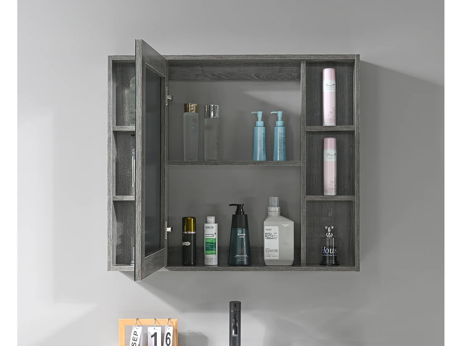 LuxuryBain- Meuble de salle de bain simple vasque 90cm gris et miroir avec colonne de rangement LB-8400