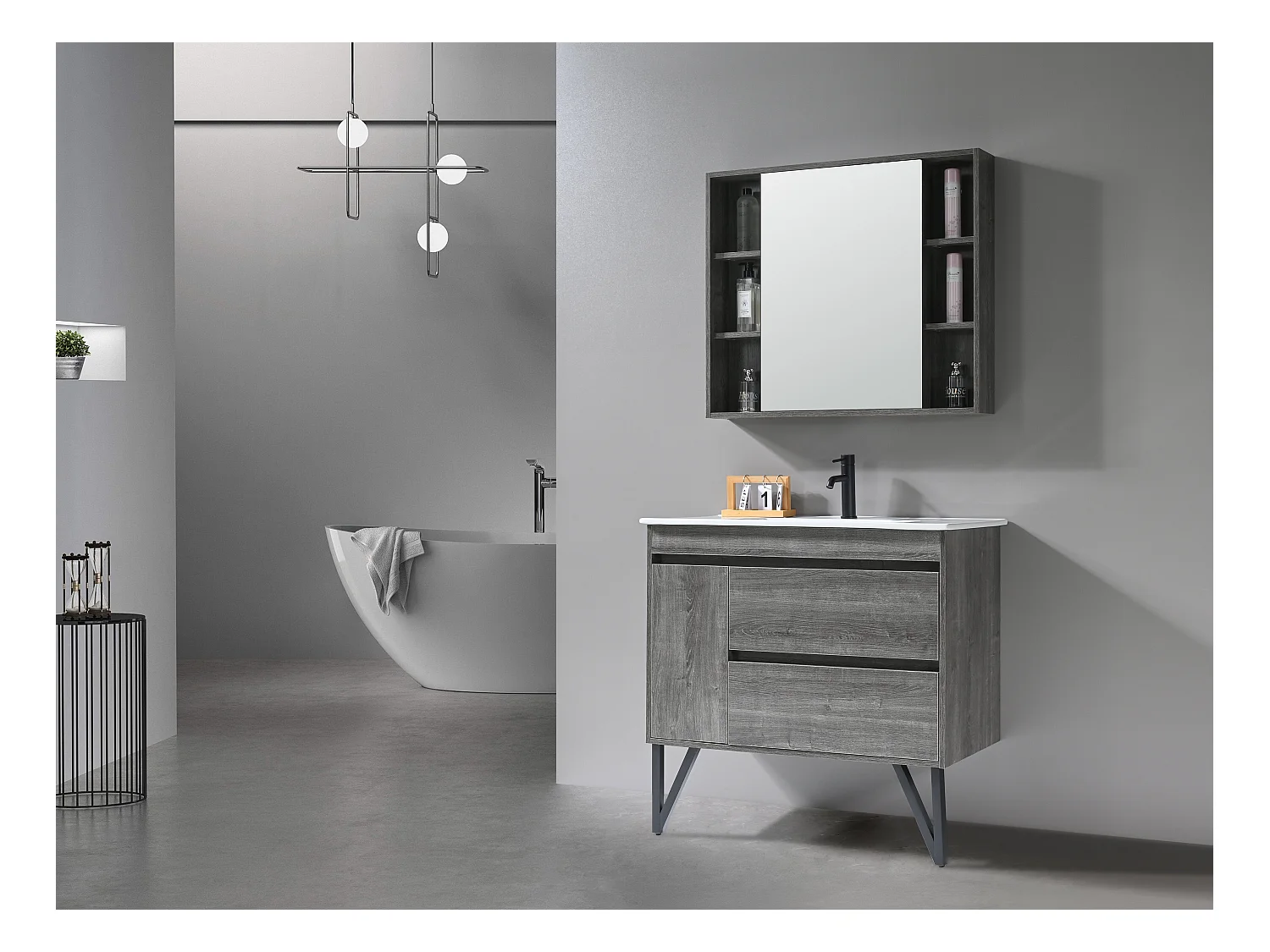 LuxuryBain- Meuble de salle de bain simple vasque 90cm gris et miroir avec colonne de rangement LB-8400