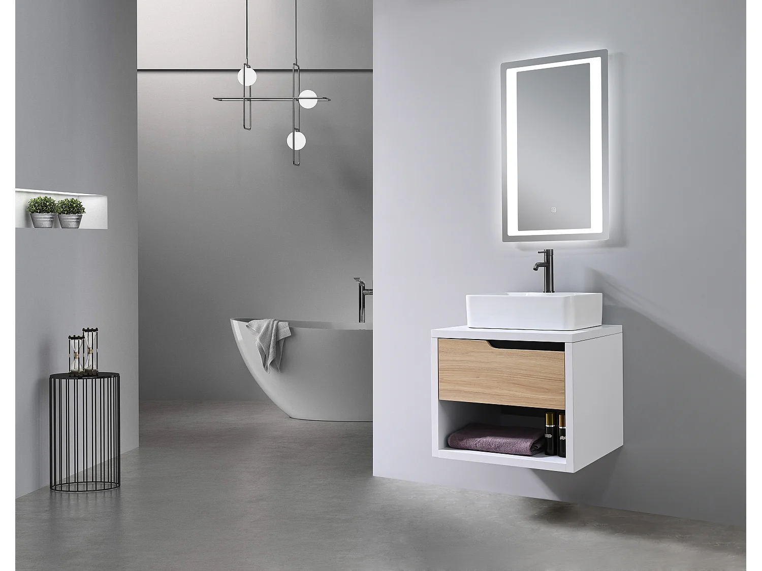 LuxuryBain- Meuble de salle de bain simple vasque 60cm bois et blanc avec miroir LED LB-8153-60