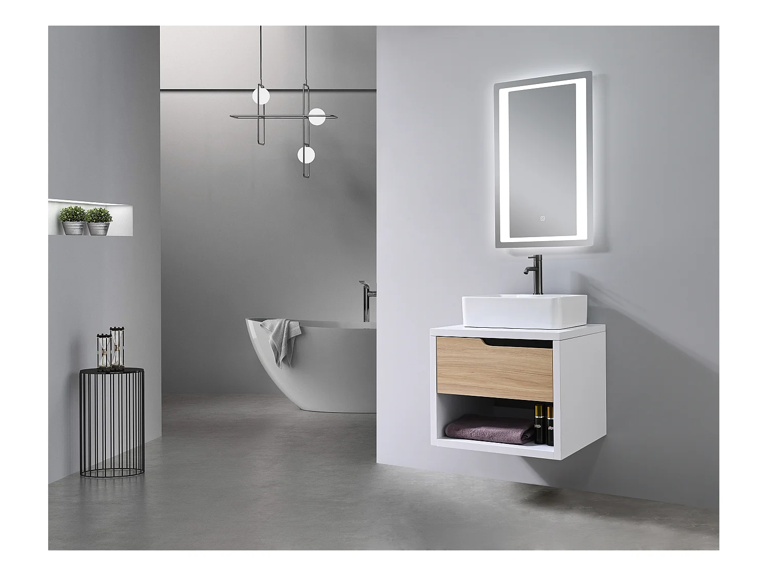 LuxuryBain- Meuble de salle de bain simple vasque 60cm bois et blanc avec miroir LED LB-8153-60