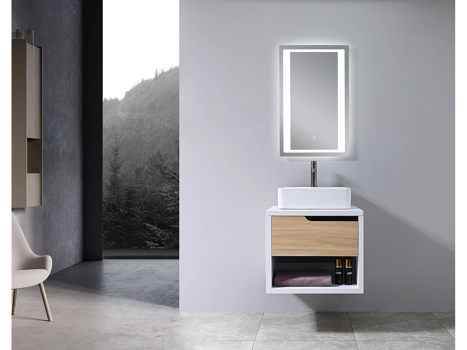LuxuryBain- Meuble de salle de bain simple vasque 60cm bois et blanc avec miroir LED LB-8153-60