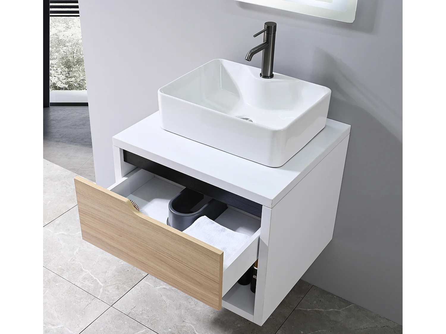 LuxuryBain- Meuble de salle de bain simple vasque 60cm bois et blanc avec miroir LED LB-8153-60