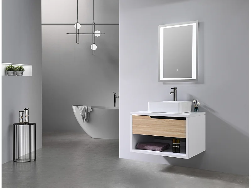 LuxuryBain- Meuble de salle de bain simple vasque 80cm bois et blanc avec miroir LED LB-8153-80