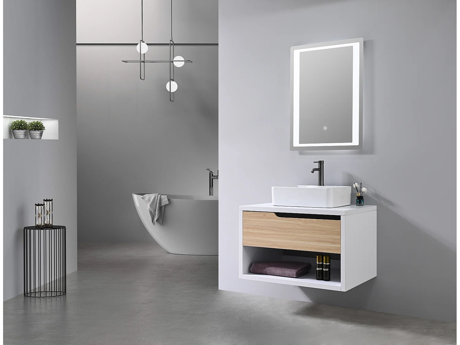 LuxuryBain- Meuble de salle de bain simple vasque 80cm bois et blanc avec miroir LED LB-8153-80