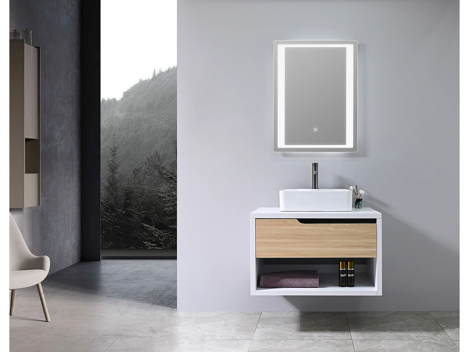 LuxuryBain- Meuble de salle de bain simple vasque 80cm bois et blanc avec miroir LED LB-8153-80