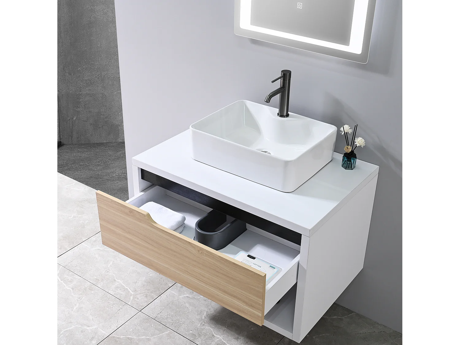 LuxuryBain- Meuble de salle de bain simple vasque 80cm bois et blanc avec miroir LED LB-8153-80