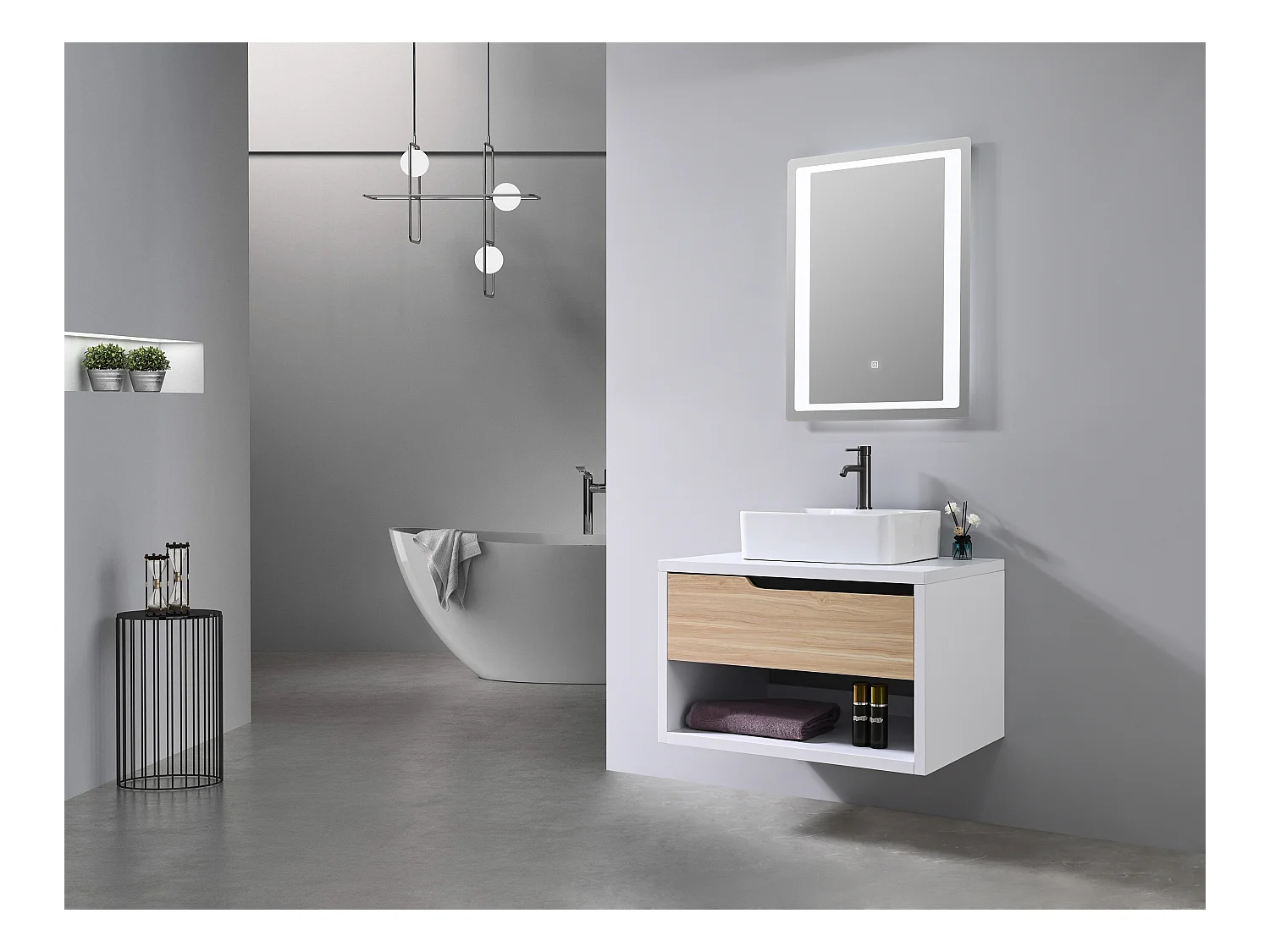 LuxuryBain- Meuble de salle de bain simple vasque 80cm bois et blanc avec miroir LED LB-8153-80