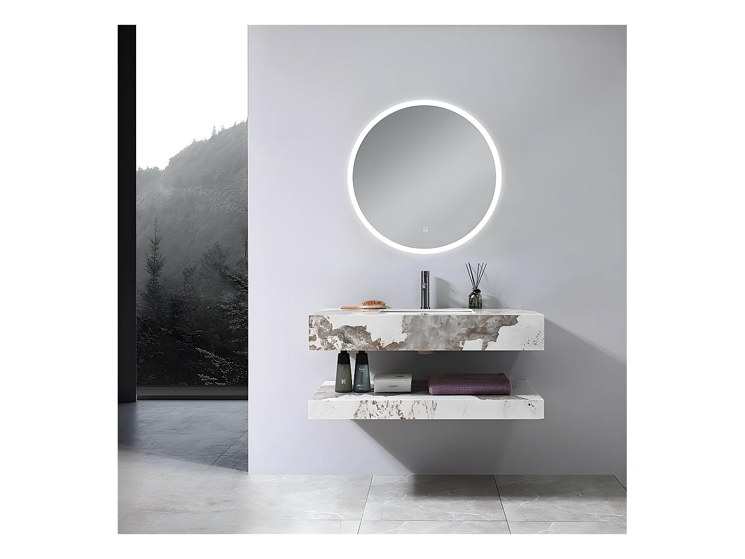 LuxuryBain- Meuble de salle de bain simple vasque 100cm effet marbre avec miroir LED LB-8399